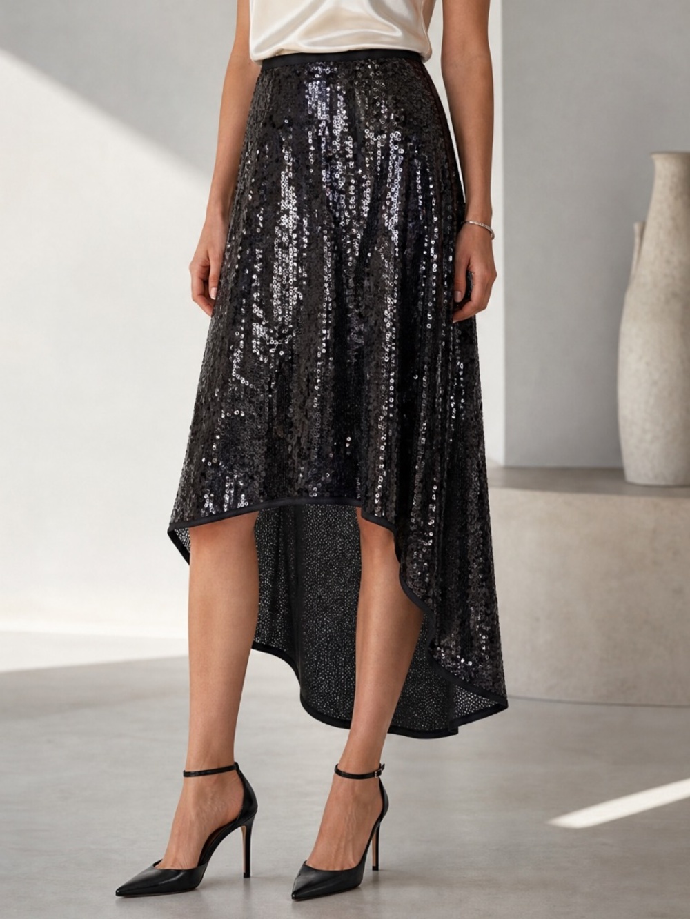 C. Wonder Christian Siriano Black Sequin High Low Skirt Medium Petite NWT